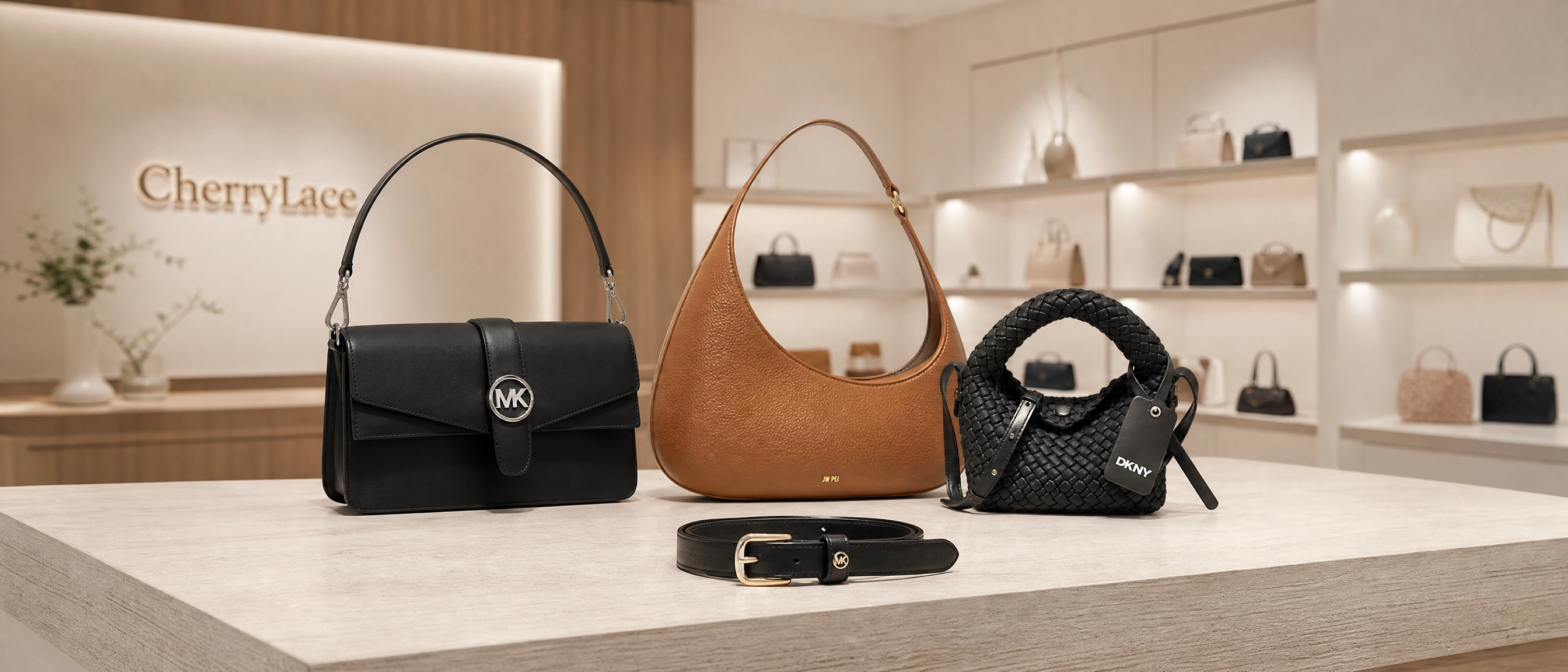 Three designer handbags and a matching belt displayed on a counter inside a boutique. The collection includes a black Michael Kors flap bag, a tan Michael Kors hobo bag, a black woven Michael Kors top-handle bag, and a black leather belt, with the Cherry Lace logo visible in the background. a JW Pei Bag and DKNY bag, the store is based in Lebanon